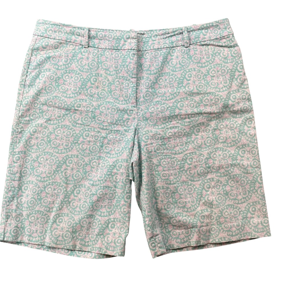 Talbots Womens Size 14 Mint Green Pink Medallion Print Cotton Stretch Shorts